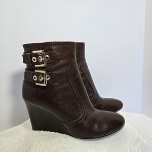 NINE WEST Herbert LEATHER WEDGE Heel Boots BOOTIES Buckles Ankle Zip Brown 7.5